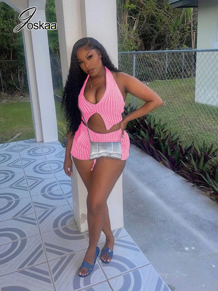 Women's Striped Ribbed Knit Backless Halter Two Piece Set - Side View