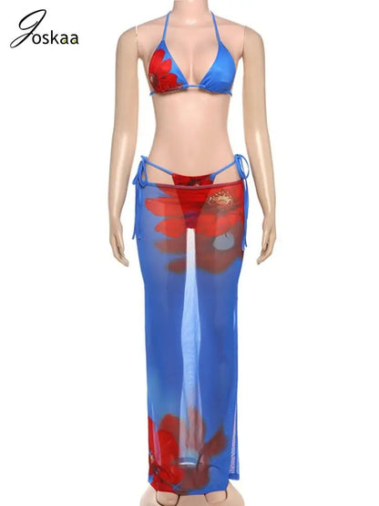 Women's Mesh Halter Maxi Swimwear Printed Three-piece Bikini Set Blue – Back View