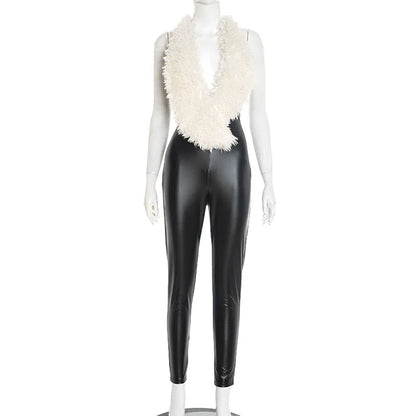 Women's Lace Faux Leather Backless Romper