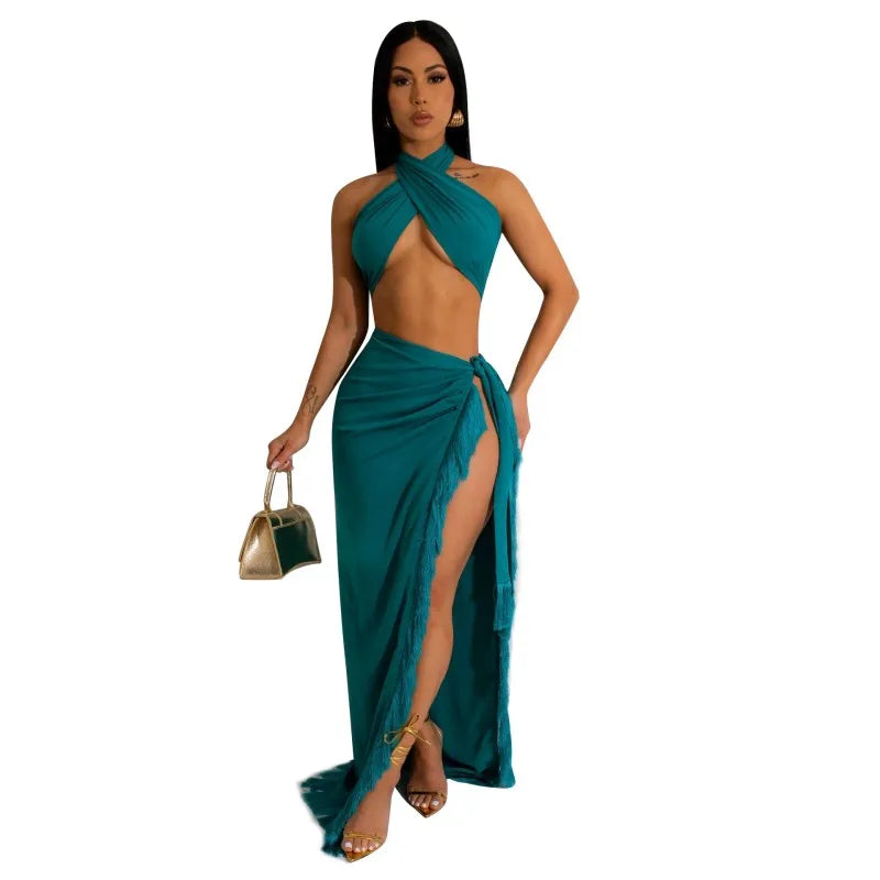 Women's Maxi Solid Wrap Chest Two Piece Set