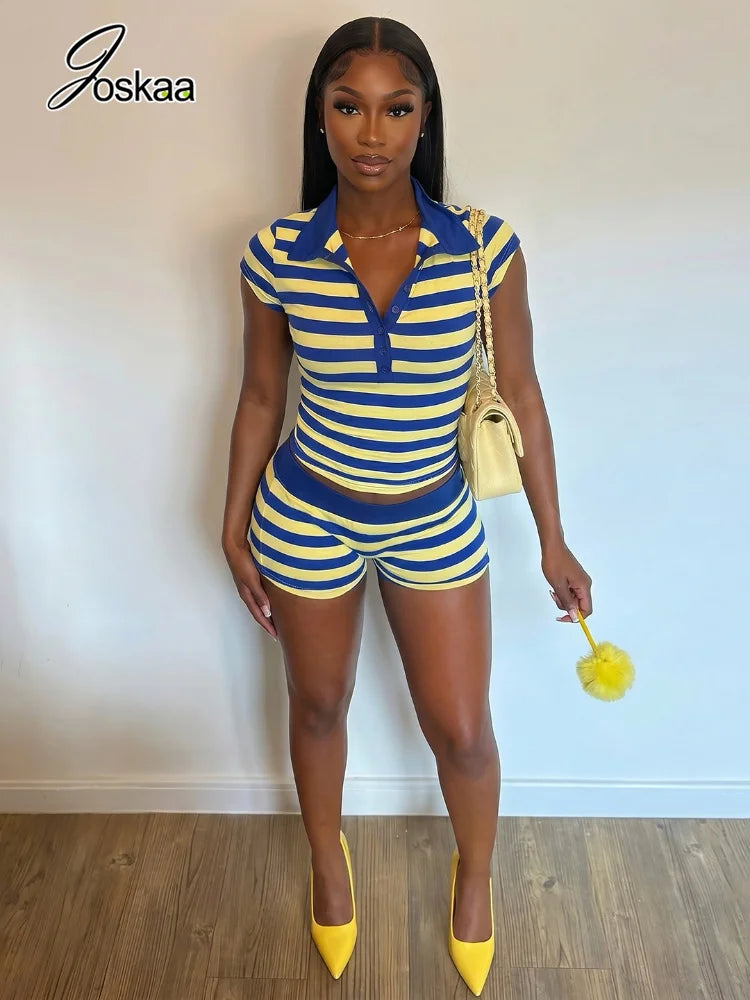 Women's Stripe Short Sleeve Crop Two Piece Set Black White – Back View