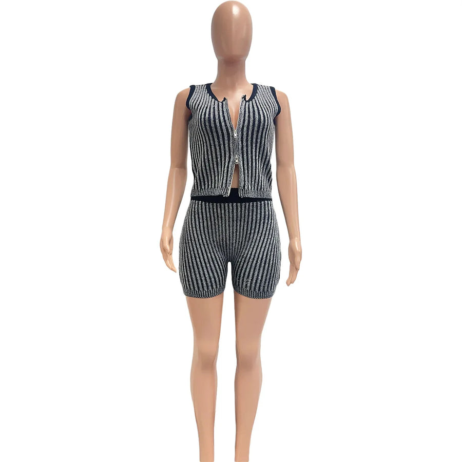 Women's Stripe Knit Crop Ribbed Zip Two Bikini Set