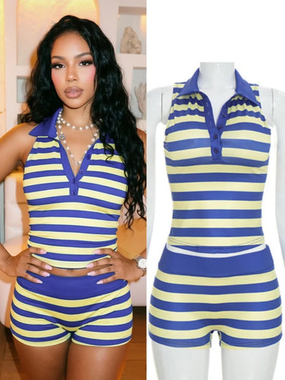 Women's Striped Sleeveless High Waist Two Piece Set - Additional View 8
