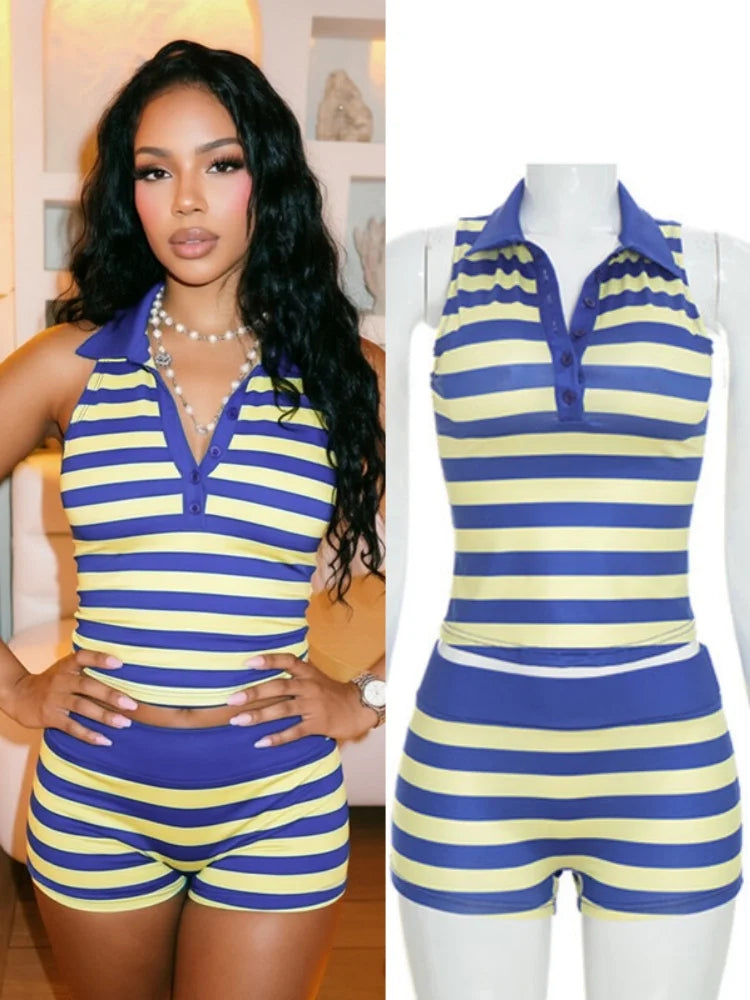 Women's Striped Sleeveless High Waist Two Piece Set - Additional View 8