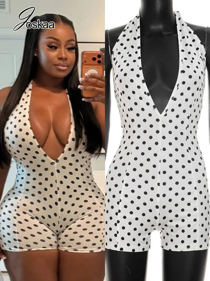Women's Polka Dot Backless V-neck Halter Romper - Women's Fashion Wholesale - Front View