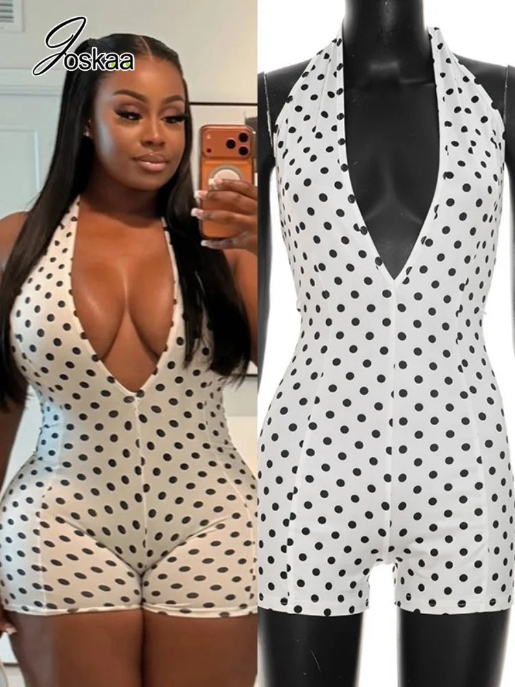 Women's Polka Dot Backless V-neck Halter Romper - Women's Fashion Wholesale - Front View