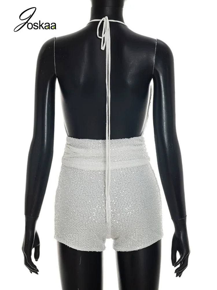 Women's Sequin Backless V-neck Halter Two Piece Set - Detail View