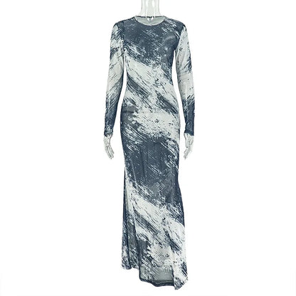 Women's Mesh Long Sleeve Bodycon Maxi Dress