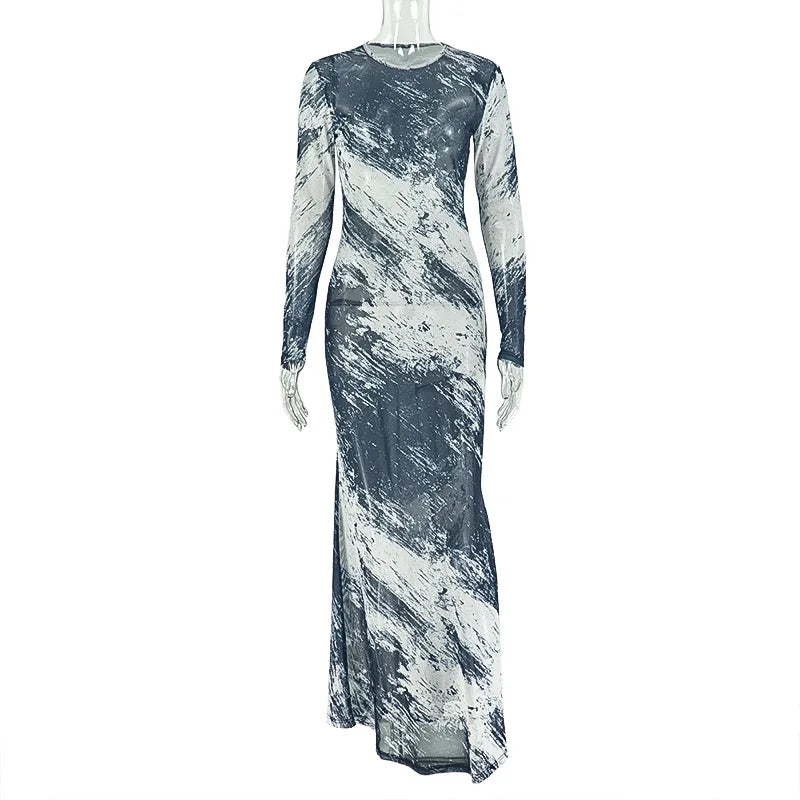 Women's Mesh Long Sleeve Bodycon Maxi Dress