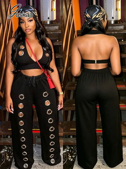 Women's Backless Halter Crop Two Piece Set Red – Front View