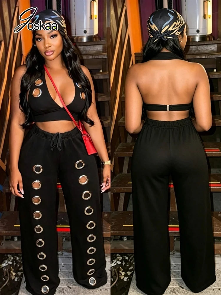 Women's Backless Halter Crop Two Piece Set Red – Front View