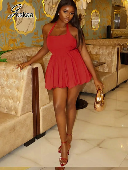 Women's Ruched Backless Halter Sleeveless Mini Dress - Side View