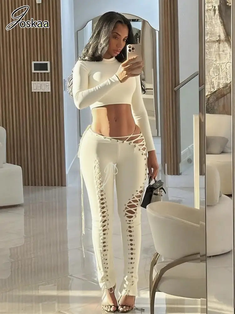 Women's Lace Cutout Long Sleeve Two Piece Set Creamy White – Front View