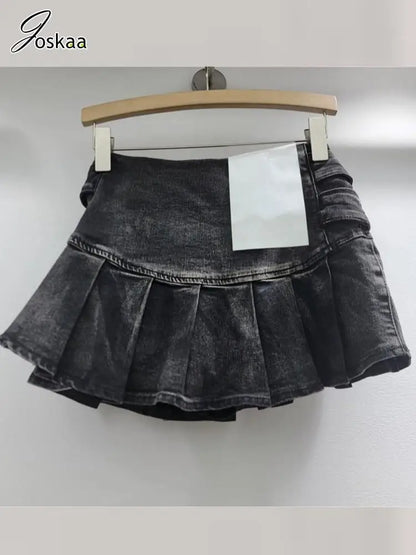 Women's Denim Mini Pleated Retro Low Skirt Retro Blue – Detail View