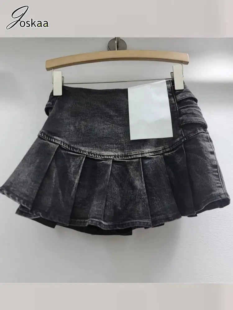 Women's Denim Mini Pleated Retro Low Skirt Retro Blue – Detail View