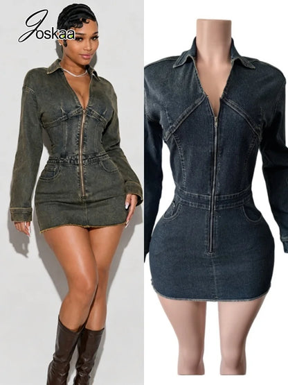 Women's Denim Print V-neck Zip Up Long Sleeve Mini Dress - Women's Fashion Wholesale - Front View