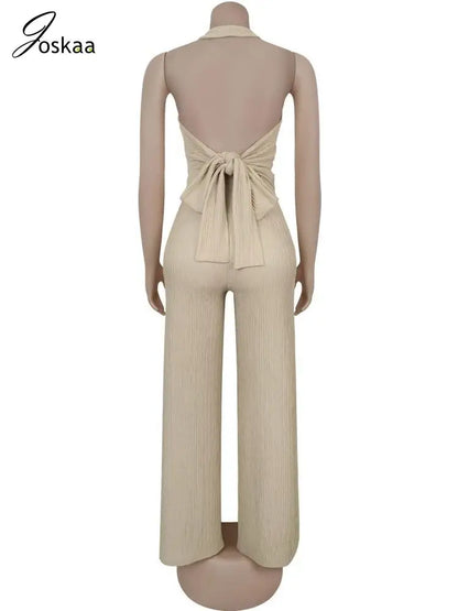 Women's Backless Halter Flare Two Piece Set Apricot – Detail View