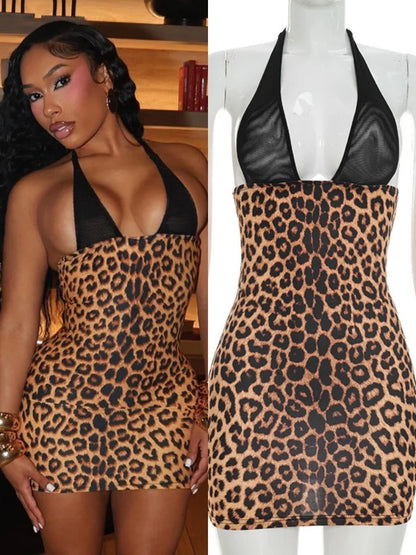 Women's Leopard Print Mesh Backless V-neck Mini Dress - Detail View 7