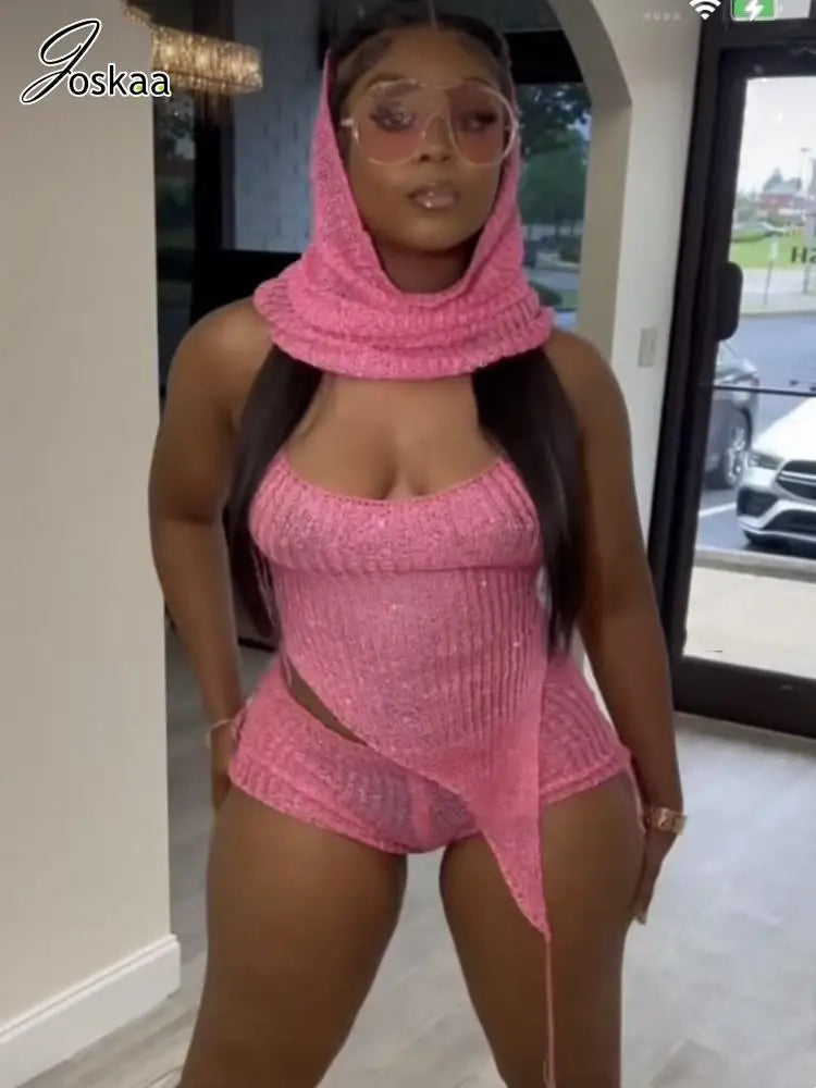 Women's Sequin Knit Backless Two Piece Set Peach – Front View