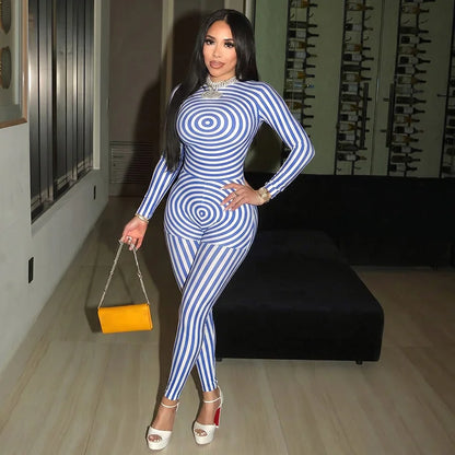 Women's Swirl Print Long Sleeve Bodycon Romper - Detail View