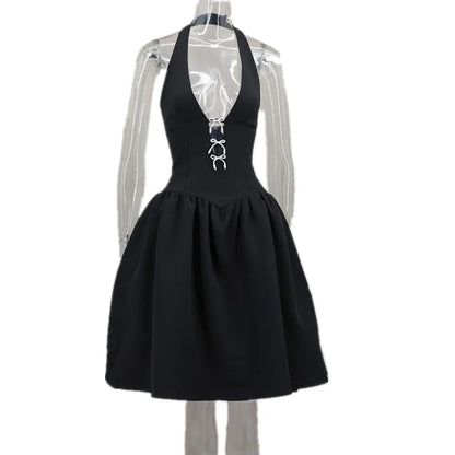 Women's Backless Halter Bow Puffy Deep Dress