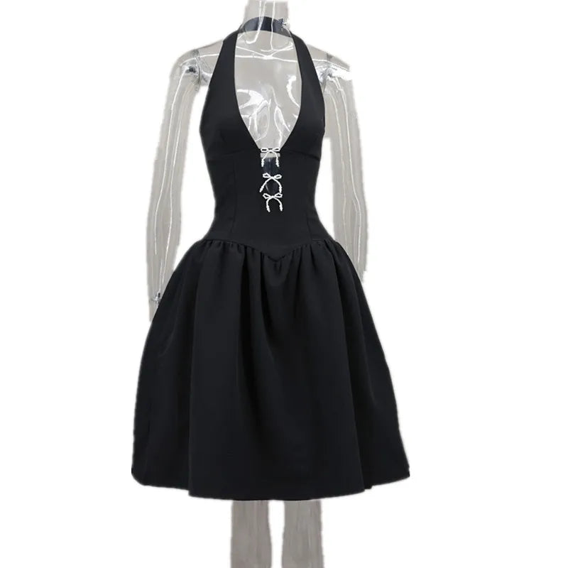 Women's Backless Halter Bow Puffy Deep Dress