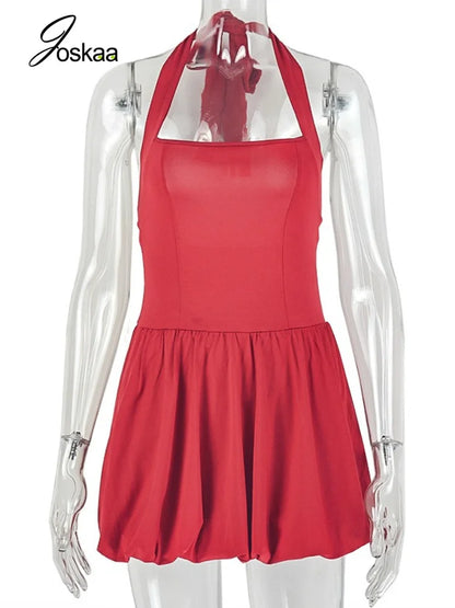 Women's Ruched Backless Halter Sleeveless Mini Dress - Back View