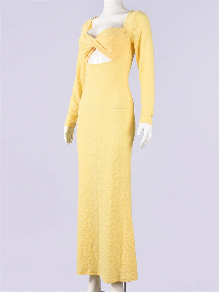 Joskaa Long Sleeve Bodycon Dress Elegant Jacquard Yellow - bodycon dress image 3