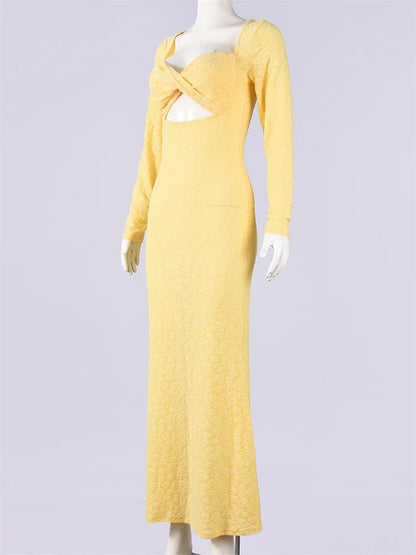 Joskaa Long Sleeve Bodycon Dress Elegant Jacquard Yellow - bodycon dress image 3