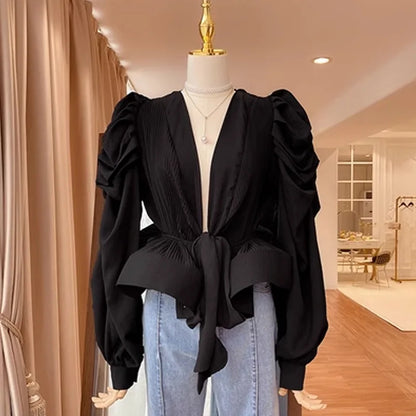 Women's Lace Short Sleeve Vintage Puff Blouse Top
