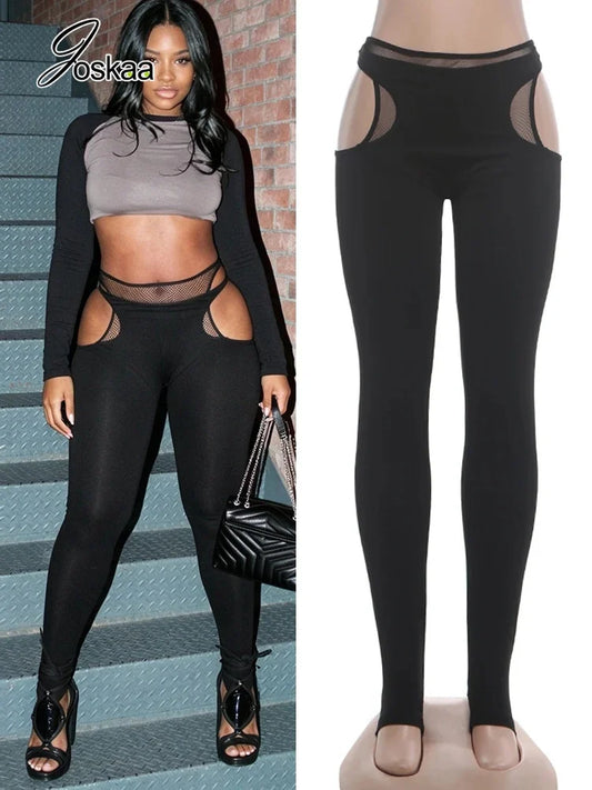 Women's Mesh Cutout Bodycon Pants Black Stirrup Leggings - Front View