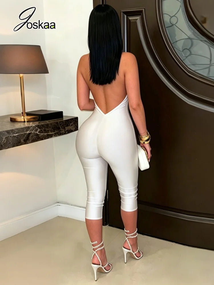 Women's Backless Halter Sleeveless Romper White – Front View