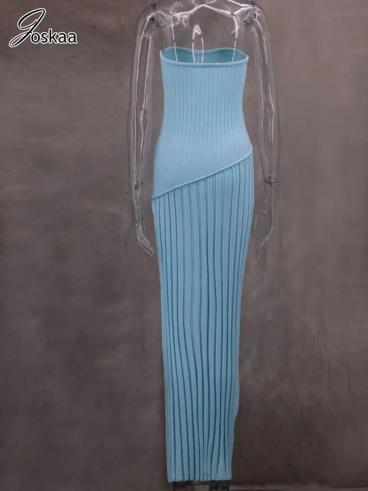Women's Knit Strapless Ribbed Maxi Dress Light Blue – Detail View