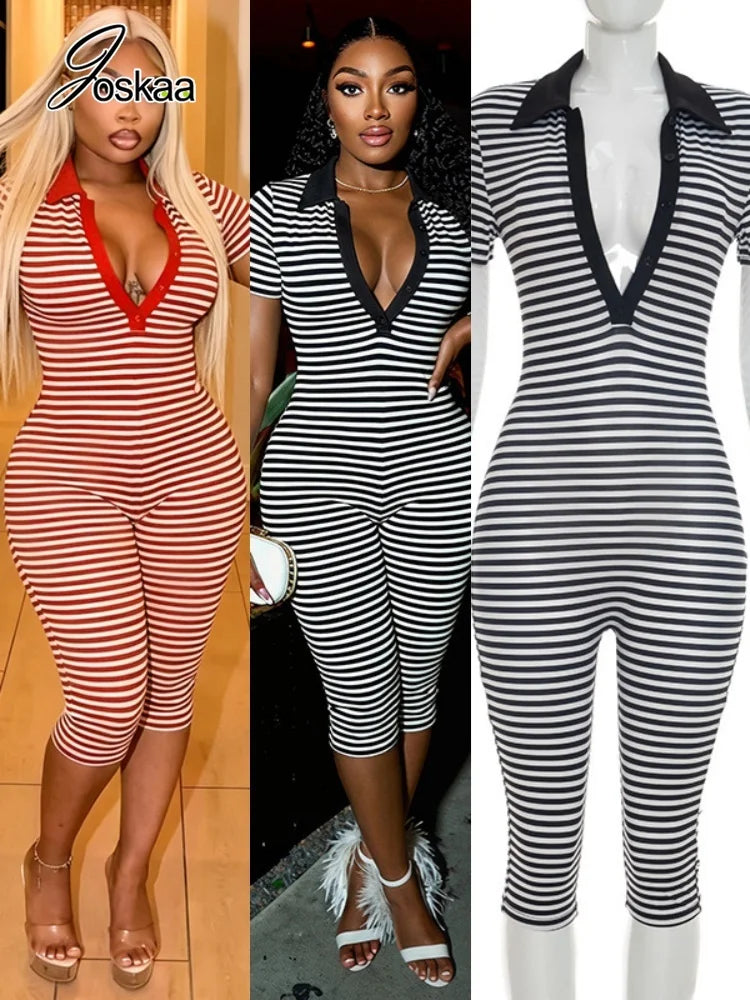 Women's Stripe Short Sleeve Crop Bodycon Romper – Women's Fashion Wholesale – Front View