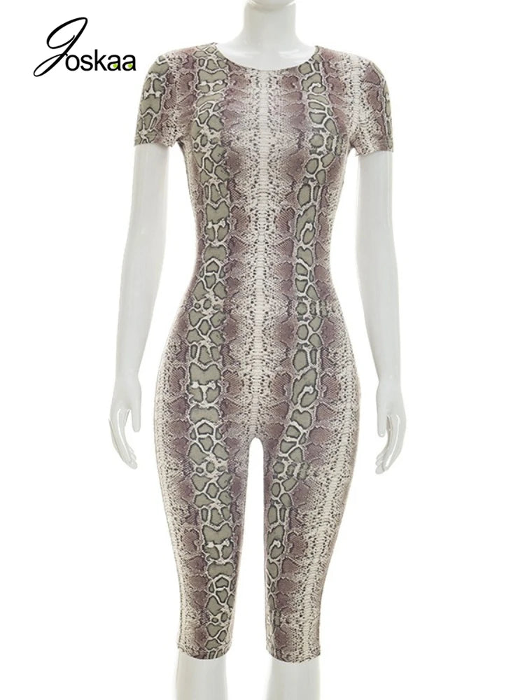 Women's Snake Print Backless Short Sleeve Romper Red – Back View