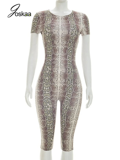 Women's Snake Print Backless Short Sleeve Romper Red – Back View