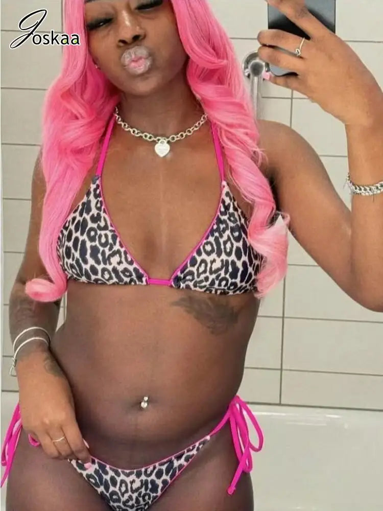 Women's Leopard Print Halter Swimwear Bikini Set Pink And Leopard – Front View