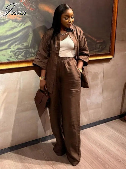 Women's Flare Wide Leg Lapel Two Piece Set Brown – Front View