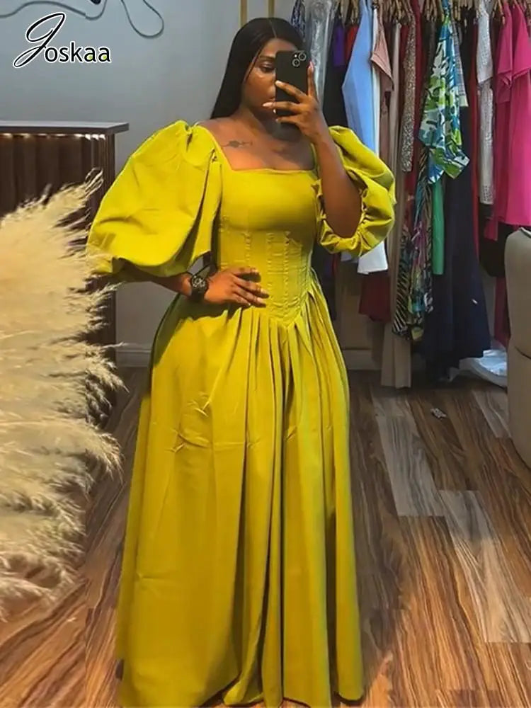 Women's Backless Square Neck Puff Maxi Dress Fruit Green – Side View