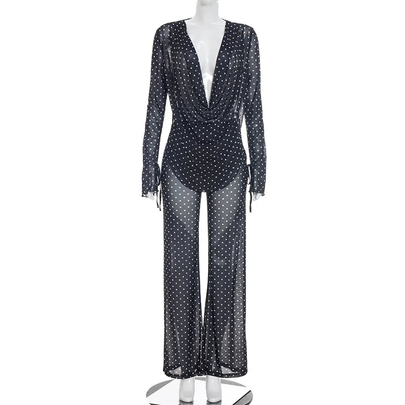 Women's Polka Dot Mesh High Waist Two Piece Set