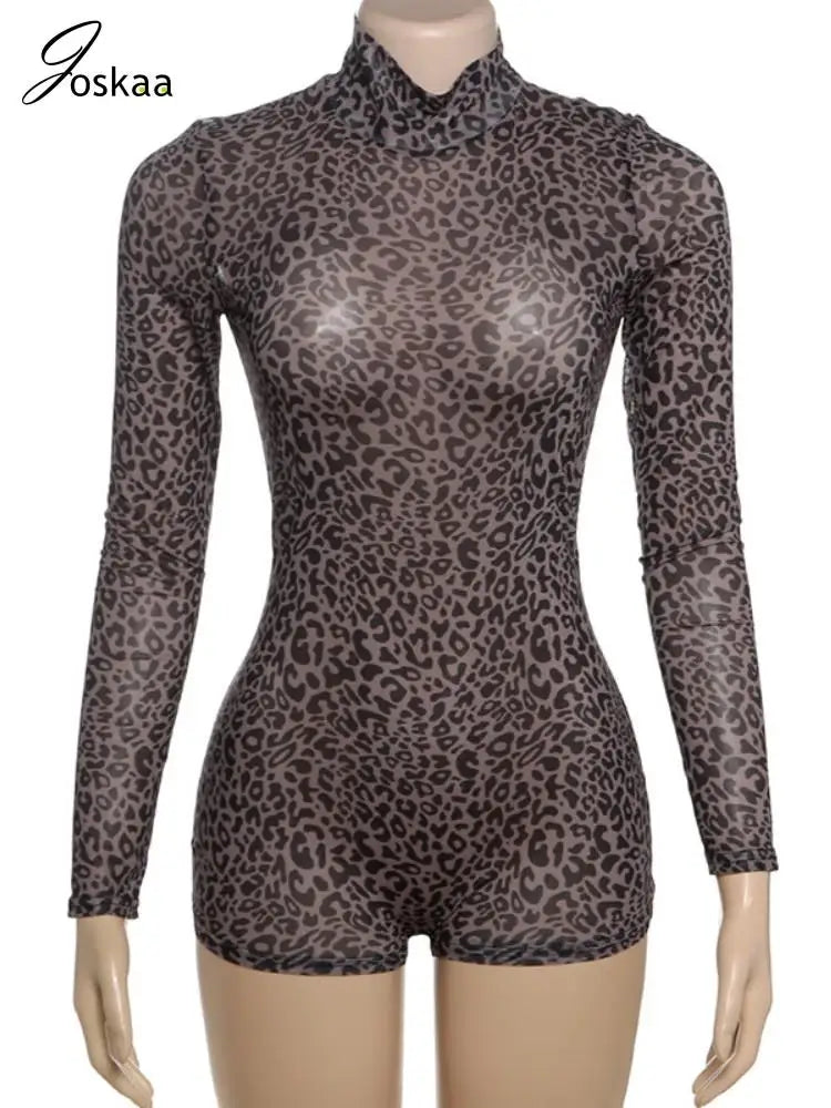 Women's Leopard Print Mesh Long Sleeve Romper Black – Front View