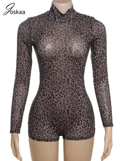 Women's Leopard Print Mesh Long Sleeve Romper Black – Front View