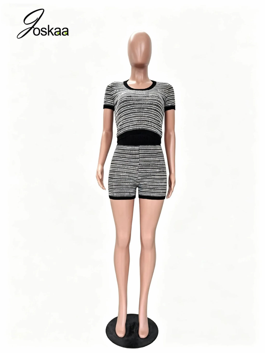 Women's Stripe Knit Short Sleeve Two Piece Set Black – Back View