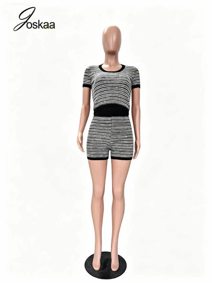 Women's Stripe Knit Short Sleeve Two Piece Set Black – Back View