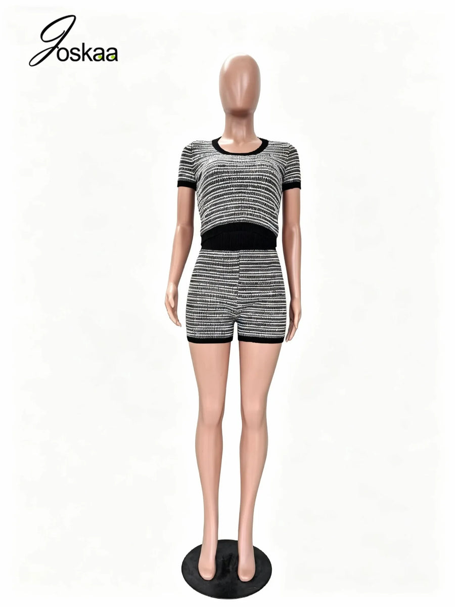 Women's Stripe Knit Short Sleeve Two Piece Set Black – Back View