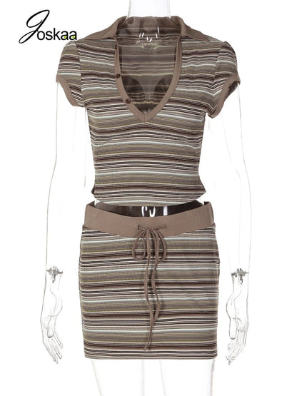 Women's Striped V-neck Two Piece Set - Back View