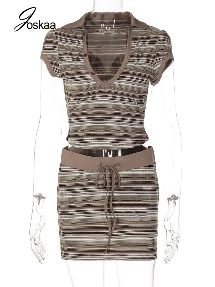 Women's Striped V-neck Two Piece Set - Back View