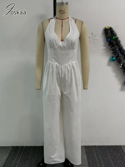 Women's Backless Halter Flare Wide Leg Romper Black – Back View