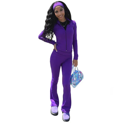Women's Long Sleeve Flare Zip Two Piece Set