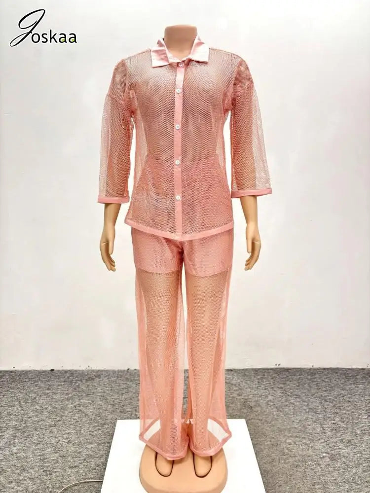 Women's Flare Wide Leg Pink Two Piece Set Apricot Pink – Back View
